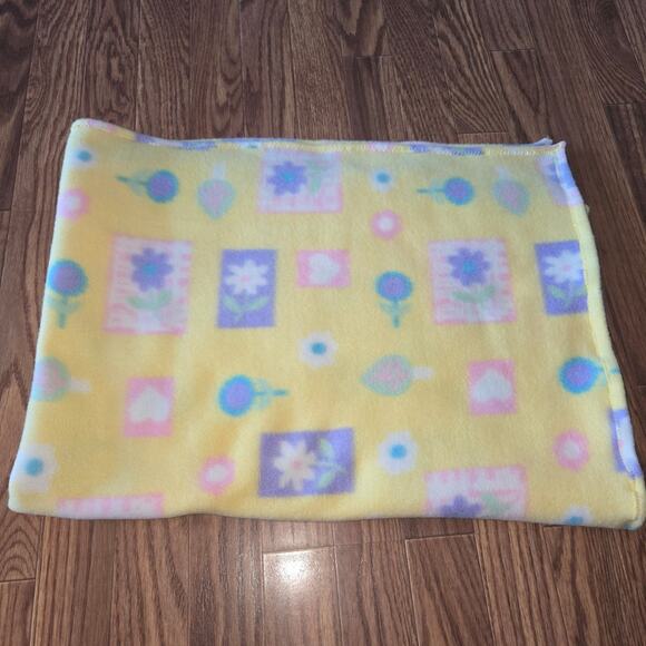 Y2K Fleece Fabric Baby Blanket - Purple & White Flowers Pink Hearts Yellow